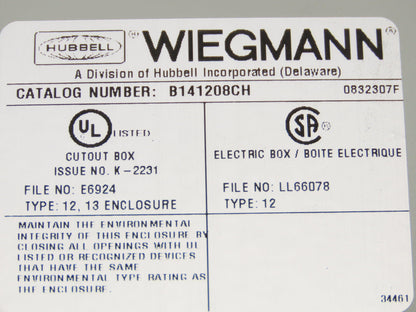 Wiegmann B141208CH Electrical Enclosure 14x12x8" Wall Mount Control Panel