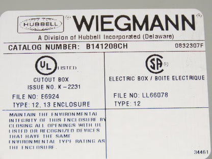 Wiegmann B141208CH Electrical Enclosure 14x12x8" Wall Mount Control Panel