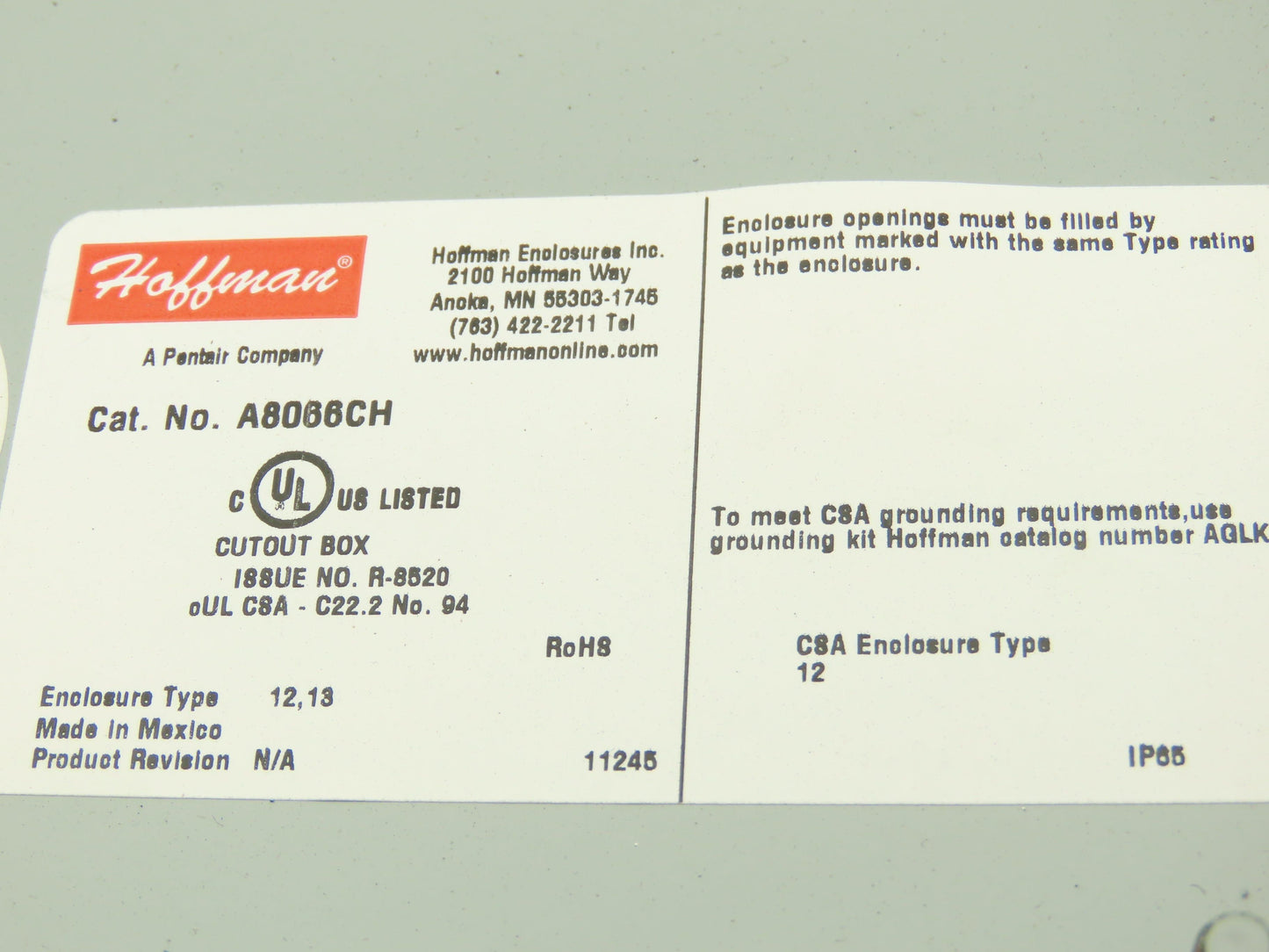 Hoffman  A8066CH Electrical Enclosure 8x6x6" Continuous Hinged With Backplate