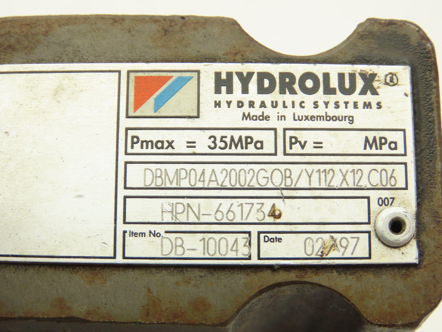 Hydrolux Moog DBMP04A2002G0B/Y112.X12.C06 Proportional Relief Pilot Valve