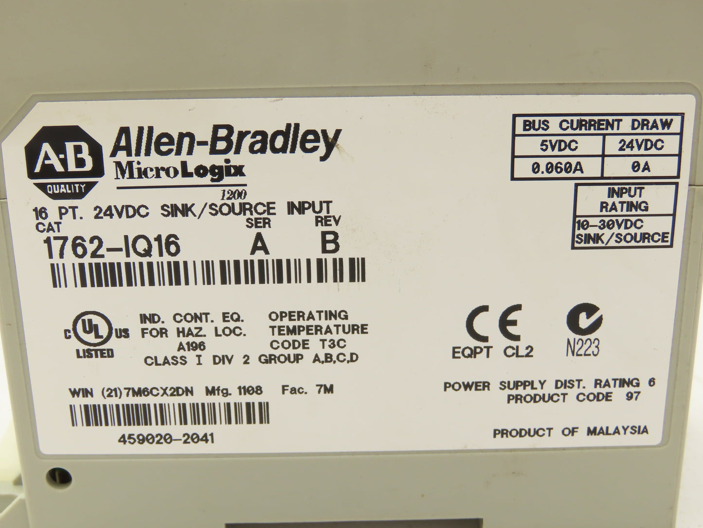 Allen-Bradley 1762-IQ16 Micrologix 16 Pt. Sink/Source Input 24VDC Ser.A Rev B