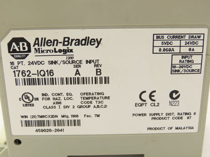 Allen-Bradley 1762-IQ16 Micrologix 16 Pt. Sink/Source Input 24VDC Ser.A Rev B