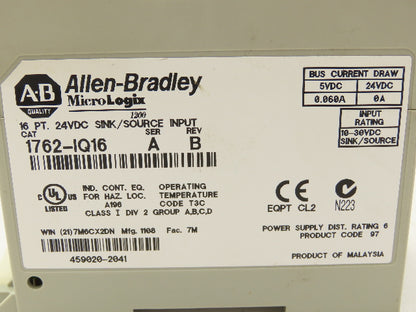 Allen-Bradley 1762-IQ16 Micrologix 16 Pt. Sink/Source Input 24VDC Ser.A Rev B