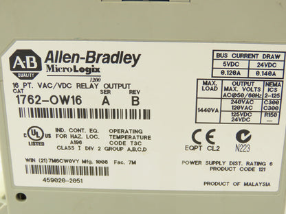 Allen Bradley 1762-OW16 MicroLogix 1200 16 Pt. VAC/VDC Relay Output 24VDC  Ser.A