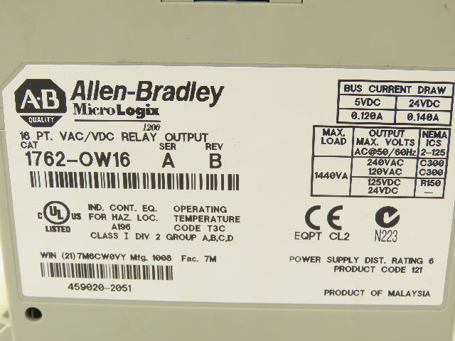 Allen Bradley 1762-OW16 MicroLogix 1200 16 Pt. VAC/VDC Relay Output 24VDC  Ser.A