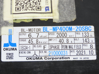 Okuma BL-MP400M-20SBC AC Servo Motor 6.7kW 2000 RPM 143V 3PH 40.8A Encoder