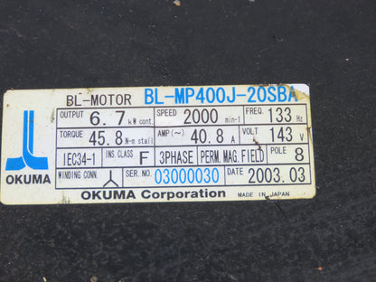 Okuma BL-MP400J-20SBA AC Servo Motor 6.7kW 2000 RPM 143V 40.8A 3PH Encoder