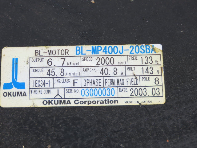 Okuma BL-MP400J-20SBA AC Servo Motor 6.7kW 2000 RPM 143V 40.8A 3PH Encoder