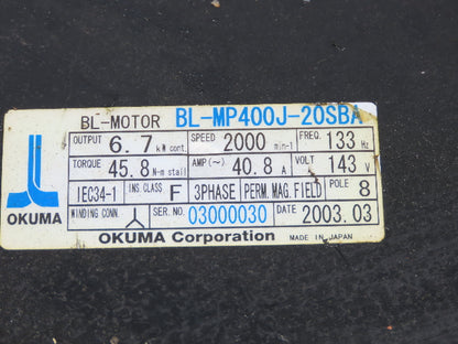 Okuma BL-MP400J-20SBA AC Servo Motor 6.7kW 2000 RPM 143V 40.8A 3PH Encoder