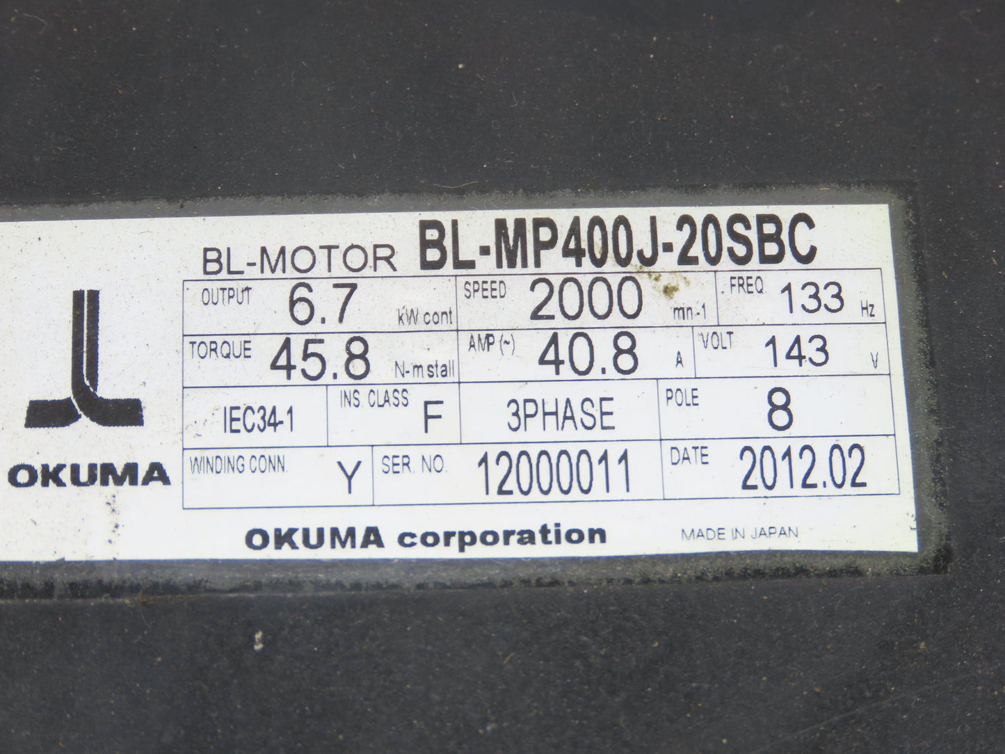 Okuma BL-MP400J-20SBC AC Servo Motor 6.7kW 2000 RPM 143V 3PH 40.8A Encoder