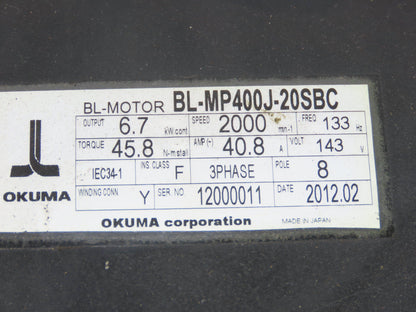 Okuma BL-MP400J-20SBC AC Servo Motor 6.7kW 2000 RPM 143V 3PH 40.8A Encoder