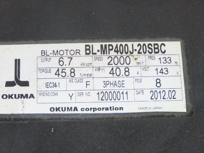 Okuma BL-MP400J-20SBC AC Servo Motor 6.7kW 2000 RPM 143V 3PH 40.8A Encoder