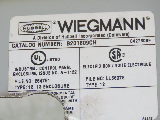 Wiegmann B201609CH Electrical Enclosure 20x16x9" Wall Mount 5.5x7.5" Cutout