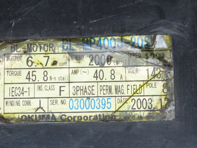 Okuma BL-MP400J-20SNA AC Servo Motor 6.7kW 2000 RPM 143V 40.8A 3PH Encoder