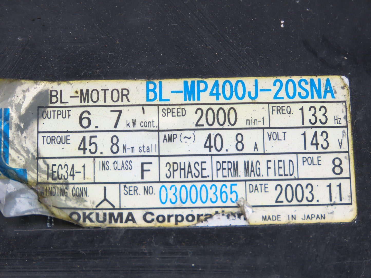 Okuma BL-MP400J-20SNA AC Servo Motor 6.7kW 2000 RPM 143V 40.8A 3PH Encoder