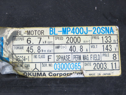 Okuma BL-MP400J-20SNA AC Servo Motor 6.7kW 2000 RPM 143V 40.8A 3PH Encoder