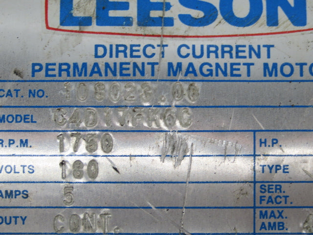 Leeson 108023.00 Permanent Magnet Motor 1HP 1750 Rpm 180VDC 5A ZS56C Frame