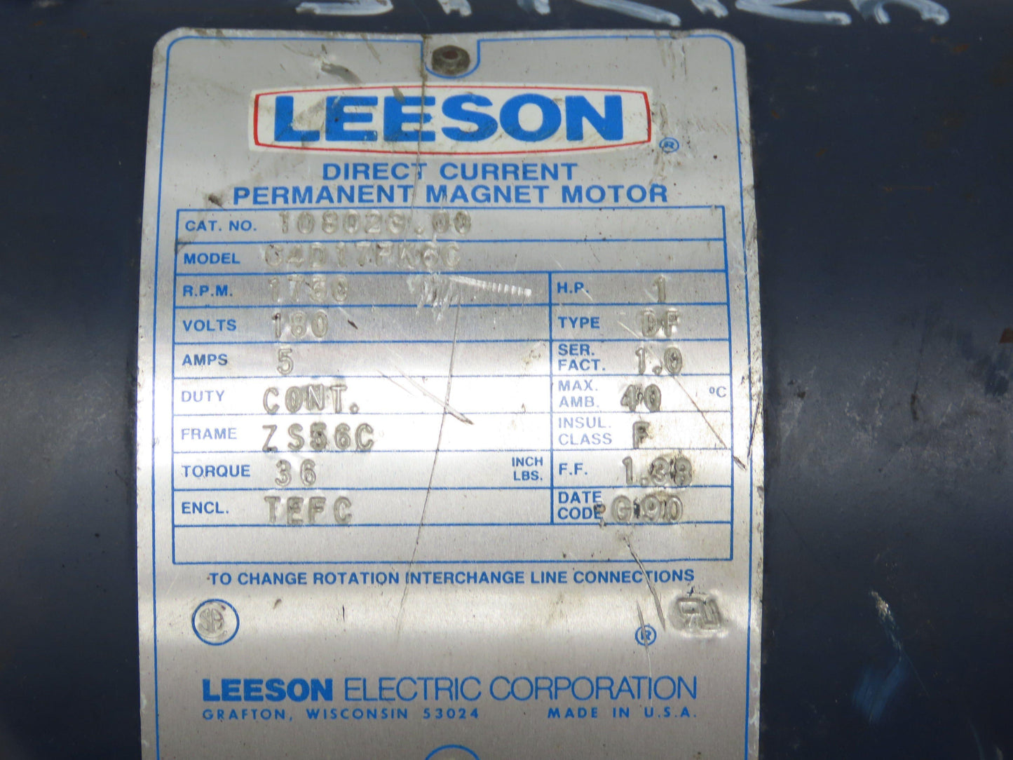 Leeson 108023.00 Permanent Magnet Motor 1HP 1750 Rpm 180VDC 5A ZS56C Frame