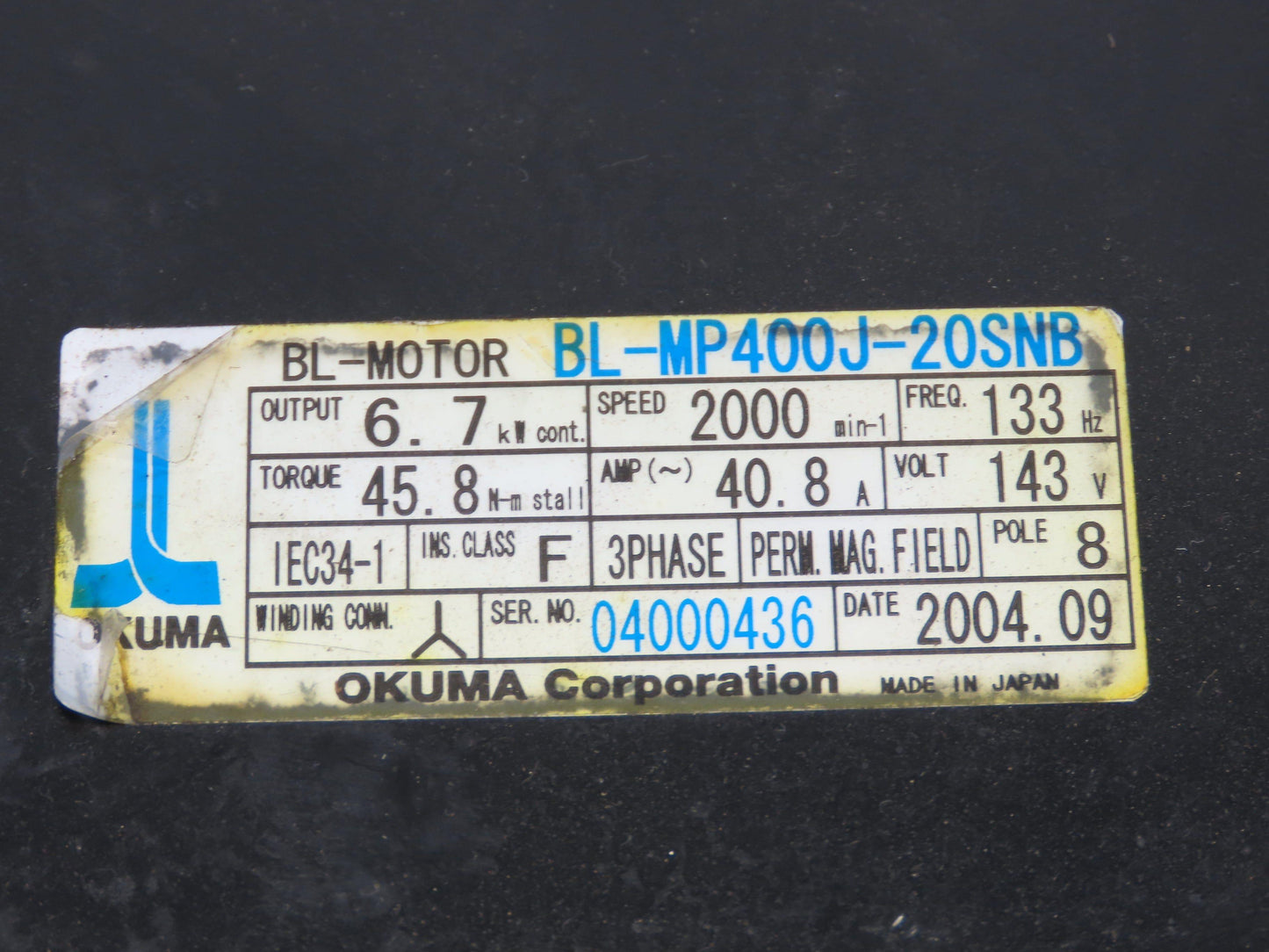Okuma BL-MP400J-20SNB AC Servo Motor 6.7kW 2000 RPM 143V 40.8A 3PH Encoder