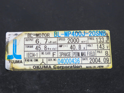 Okuma BL-MP400J-20SNB AC Servo Motor 6.7kW 2000 RPM 143V 40.8A 3PH Encoder