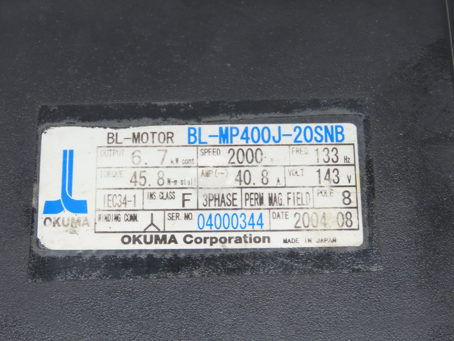 Okuma BL-MP400J-20SNB AC Servo Motor 6.7kW 2000 RPM 143V 40.8A 3PH Encoder