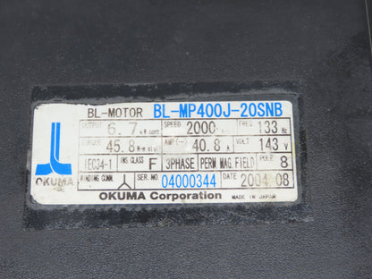 Okuma BL-MP400J-20SNB AC Servo Motor 6.7kW 2000 RPM 143V 40.8A 3PH Encoder