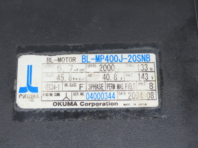 Okuma BL-MP400J-20SNB AC Servo Motor 6.7kW 2000 RPM 143V 40.8A 3PH Encoder