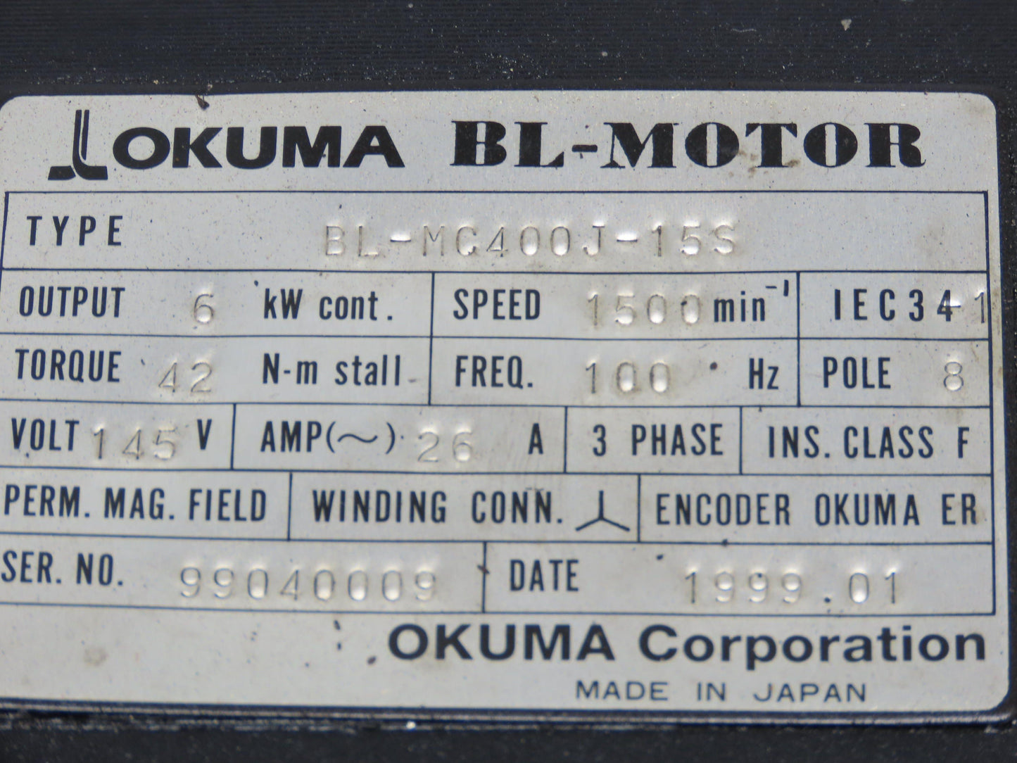 Okuma BL-MC400J-15S AC Servo Motor 6kW 1500 RPM 26A 145V 3PH Encoder ER-J-7200D