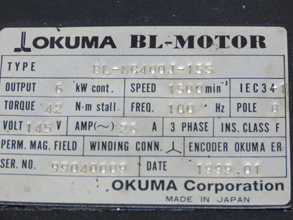 Okuma BL-MC400J-15S AC Servo Motor 6kW 1500 RPM 26A 145V 3PH Encoder ER-J-7200D