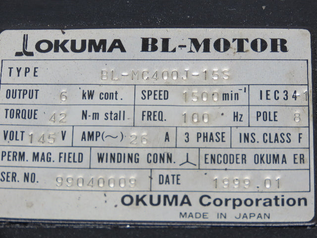 Okuma BL-MC400J-15S AC Servo Motor 6kW 1500 RPM 26A 145V 3PH Encoder ER-J-7200D