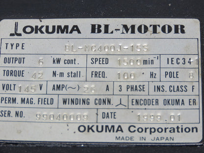 Okuma BL-MC400J-15S AC Servo Motor 6kW 1500 RPM 26A 145V 3PH Encoder ER-J-7200D