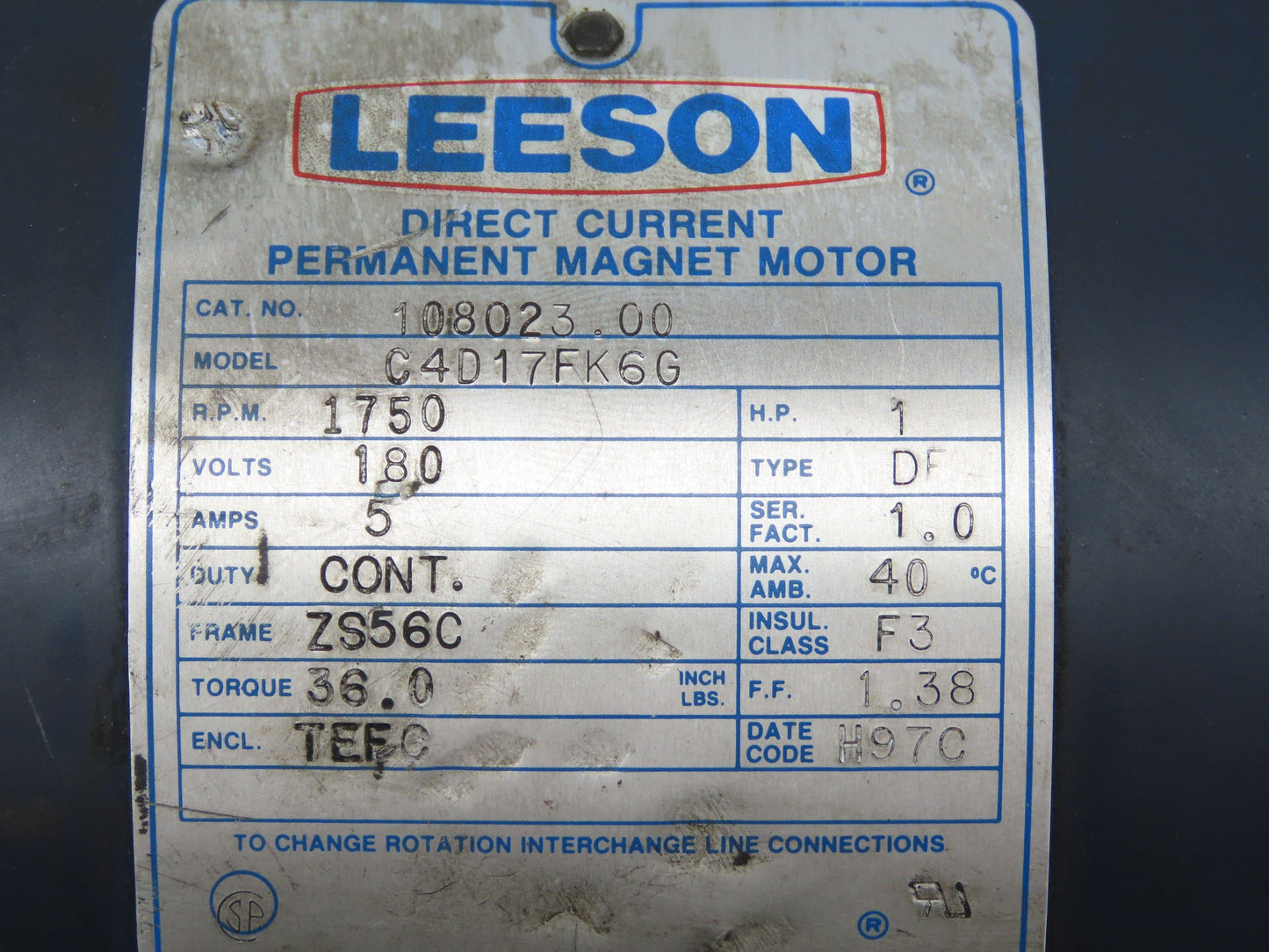 Leeson 108023.00 Permanent Magnet Motor 1HP 1750 Rpm 180VDC 5A ZS56C Frame