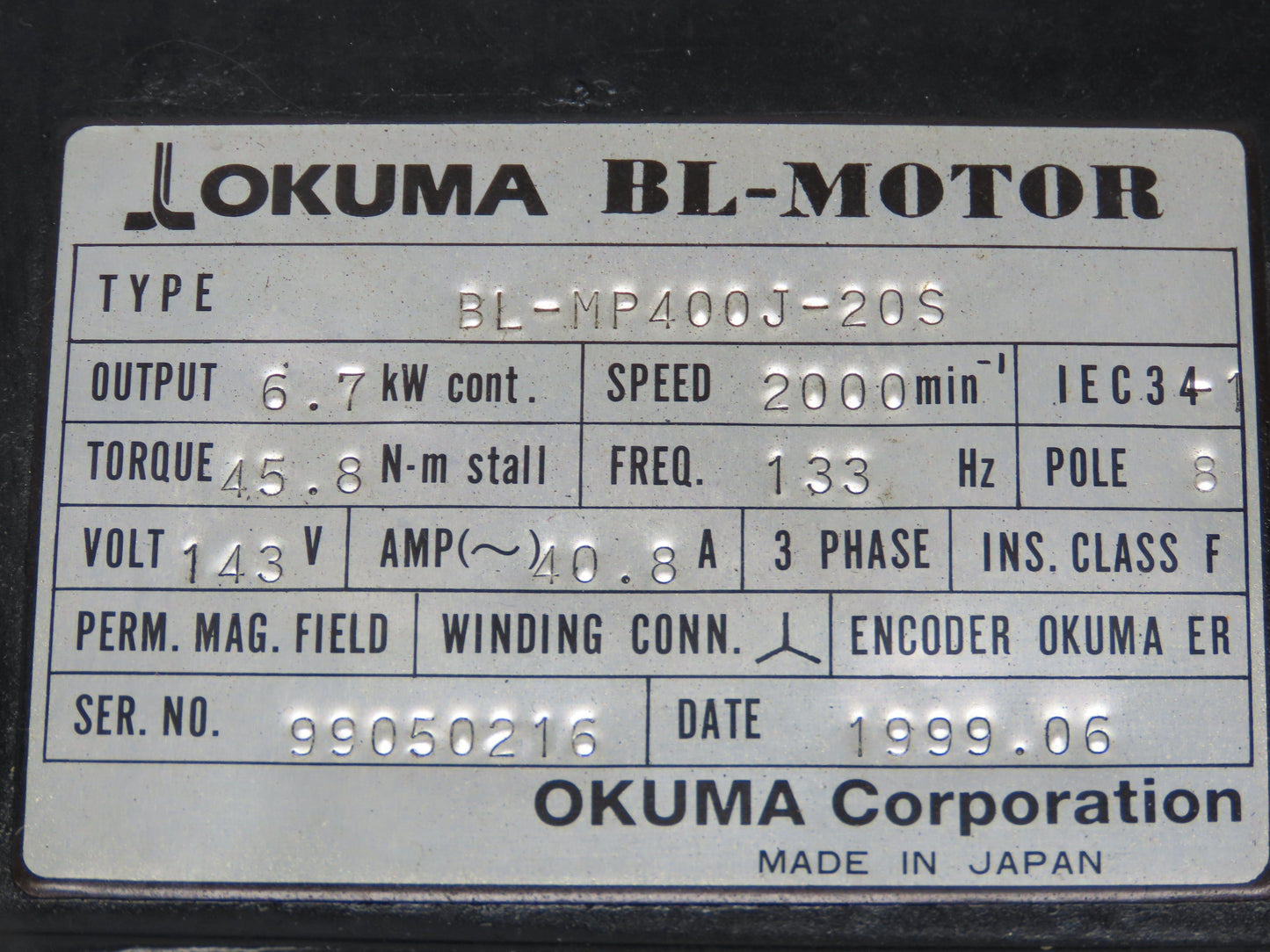 Okuma BL-MP400J-20S AC Servo Motor 6.7kW 2000 RPM 143V 40.8A Encoder ER-J-7200D
