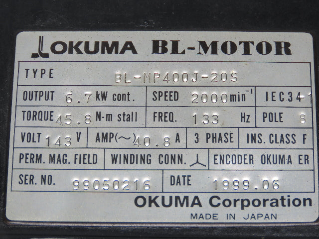 Okuma BL-MP400J-20S AC Servo Motor 6.7kW 2000 RPM 143V 40.8A Encoder ER-J-7200D