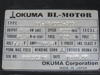 Okuma BL-MP400J-20S AC Servo Motor 6.7kW 2000 RPM 143V 40.8A Encoder ER-J-7200D