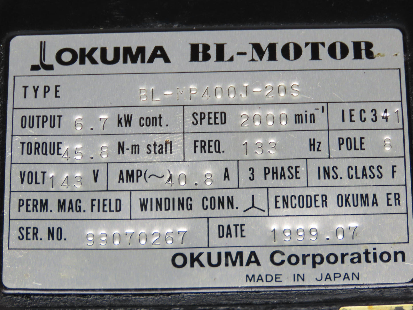 Okuma BL-MP400J-20S AC Servo Motor 6.7kW 2000 RPM 143V 40.8A Encoder ER-JB-7200D