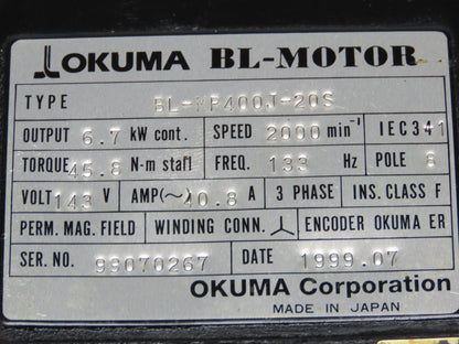Okuma BL-MP400J-20S AC Servo Motor 6.7kW 2000 RPM 143V 40.8A Encoder ER-JB-7200D