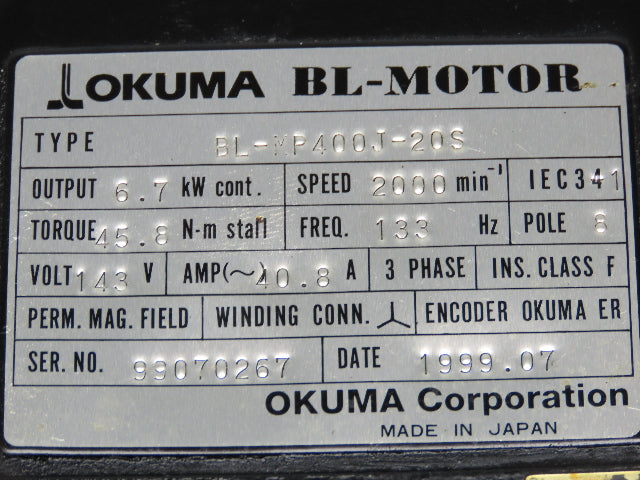 Okuma BL-MP400J-20S AC Servo Motor 6.7kW 2000 RPM 143V 40.8A Encoder ER-JB-7200D