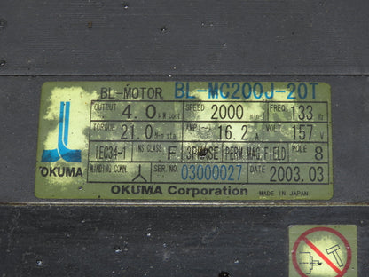 Okuma BL-MC200J-20T AC Servo Motor 4kW 2000 RPM 157V 16.2A 3PH Encoder