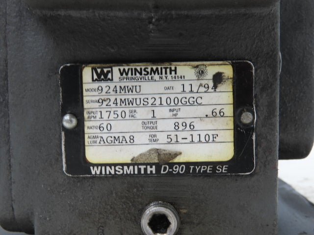 Winsmith 924MWU D-90 SE Worm Gearbox 60:1 Reducer 1Hp 29 RPM Dual Shaft 56C