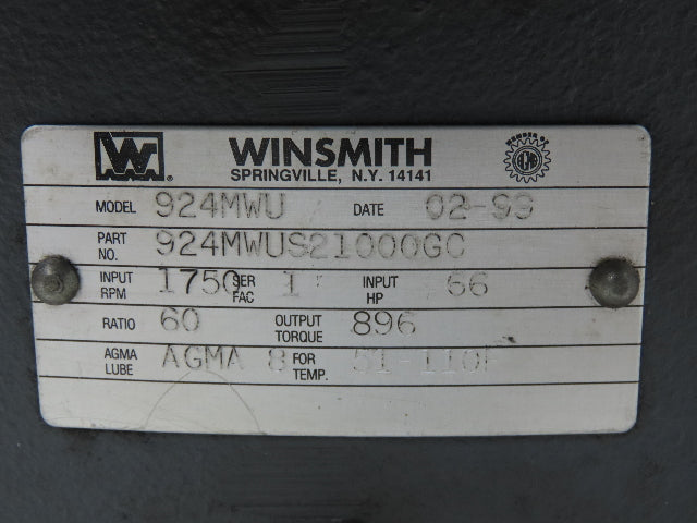 Winsmith D-90 SE Worm Gearbox 60:1 Reducer 1Hp 29 RPM Dual Shaft 56C