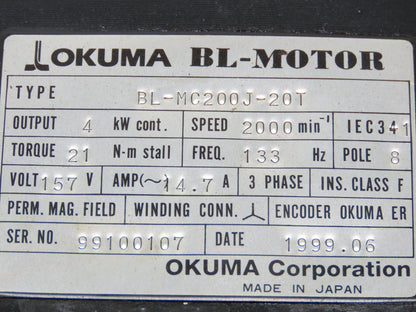 Okuma BL-MC200J-20T AC Servo Motor 4kW 2000 RPM 157V 14.7A 3PH Encoder