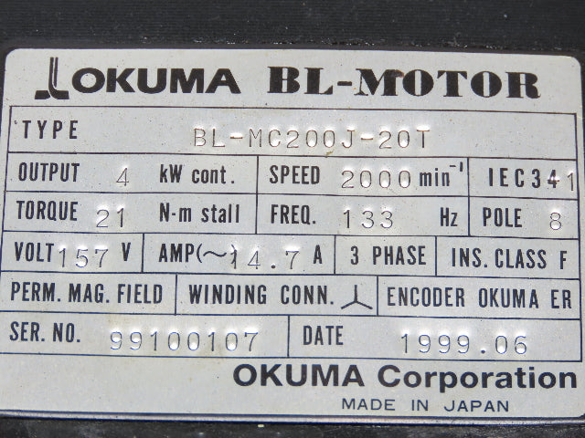 Okuma BL-MC200J-20T AC Servo Motor 4kW 2000 RPM 157V 14.7A 3PH Encoder
