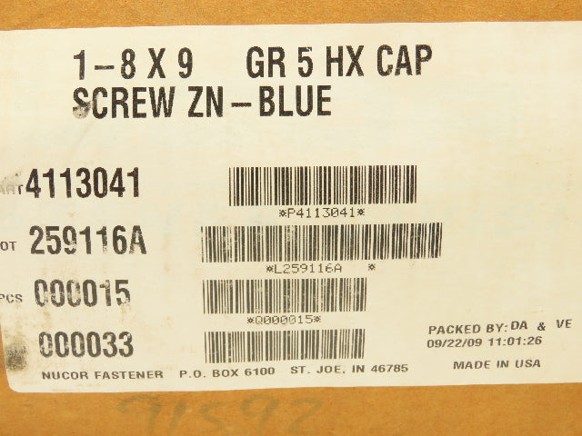 Nucor 4113041 GR5 Hex Cap Screw 1"-8X9" Grade 5 Carbon Steel Bolt Lot Of 15