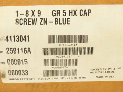 Nucor 4113041 GR5 Hex Cap Screw 1"-8X9" Grade 5 Carbon Steel Bolt Lot Of 15