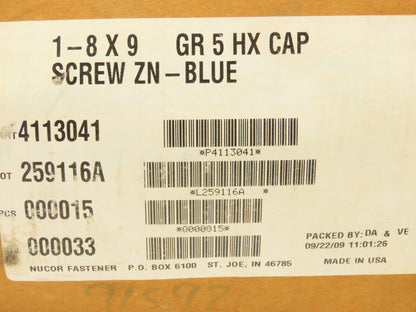 Nucor 4113041 GR5 Hex Cap Screw 1"-8X9" Grade 5 Carbon Steel Bolt Lot Of 15