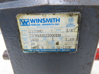Winsmith 237MWU Worm Gearbox 20:1 Reducer 1.6Hp 90 RPM Dual Shaft 140TC