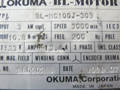Okuma BL-MC100J-30S AC Servo Motor 3kW 3000 RPM 133V 13.4A 3PH Encoder