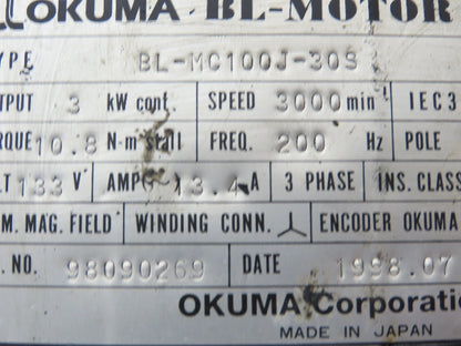 Okuma BL-MC100J-30S AC Servo Motor 3kW 3000 RPM 133V 13.4A 3PH Encoder