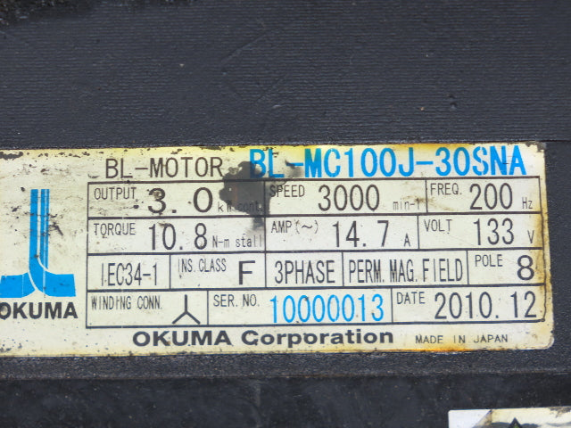 Okuma BL-MC100J-30SNA AC Servo Motor 3kW 3000 RPM 14.7A 133V 3PH Encoder